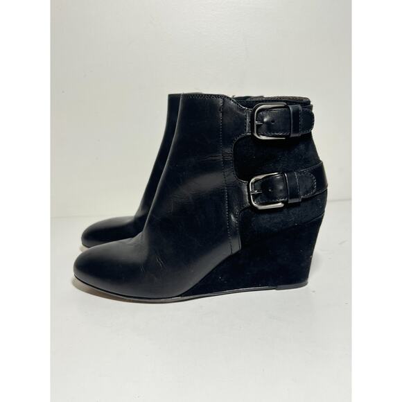 AGL Attilio Giusti Leombruni Black Leather Double Buckle Wedge Bootie 37 US 7 - Picture 1 of 7
